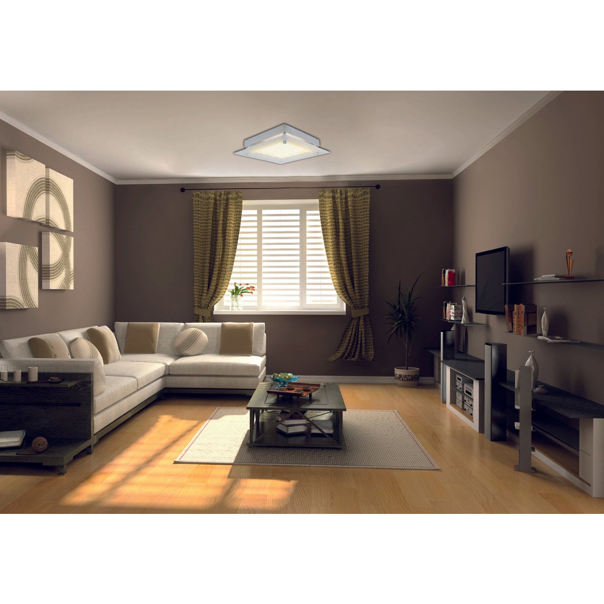 LED-plafondlamp met kristaloptica "Leeds", zijlengte 25 cm, gemaakt van chroomkleurig metaal en helder, gestructureerd glas, geïntegreerde LED's, warm wit