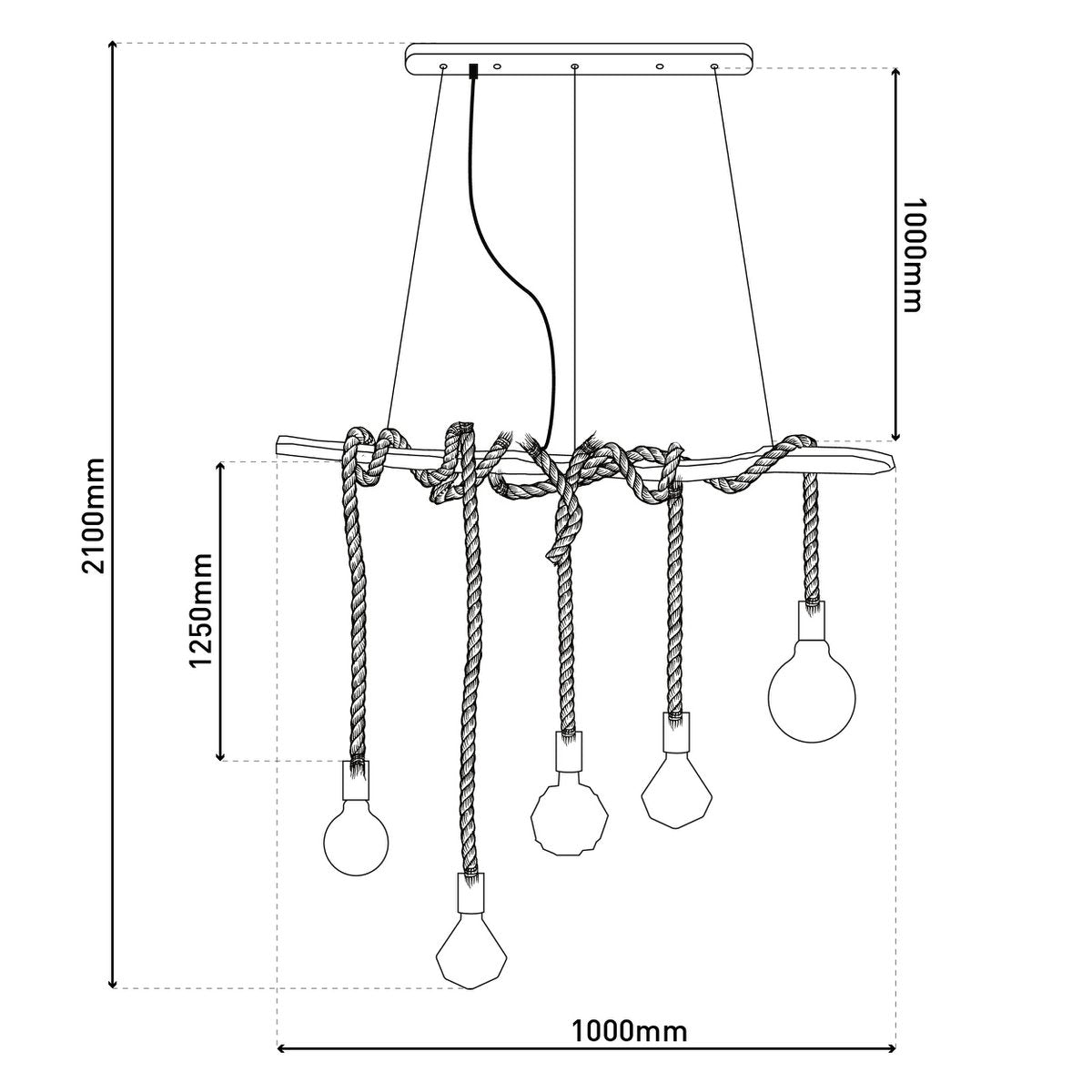 Hanger lamp "touw" 5flg. Hanglamp gemaakt van hout en touw in de natuur, E27 -versie, verlichting voor woonkamer of kantoor