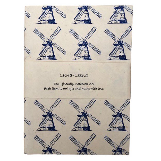 Luna-Leena 2x notitieboekje A5 Hollandse molenprint - koningsblauw - zachte kaft - ecovriendelijk papier - handgemaakt in Nepal