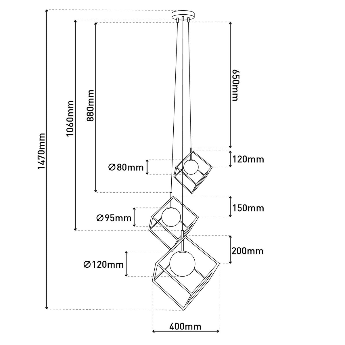 3-flame hanglamp "Cadre", retro hanglamp gemaakt van metaal en glas in zwart en wit met een G9-aansluiting, in totaal 147 cm hoog, voor woonkamer en kantoor.