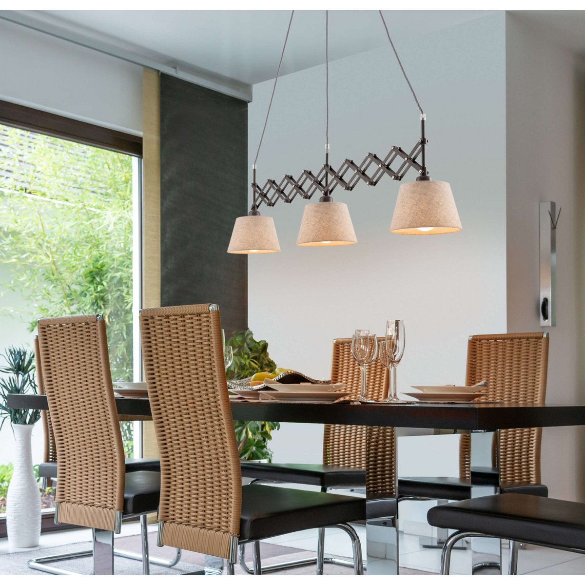 Shear hanger lamp "Adrienne", breedte uit te strekken van 52-100 cm, gemaakt van bruin metaal met natuurlijk gekleurde textiel parasols, E27-versies, verlichting voor woonkamer, eetkamer of kantoor