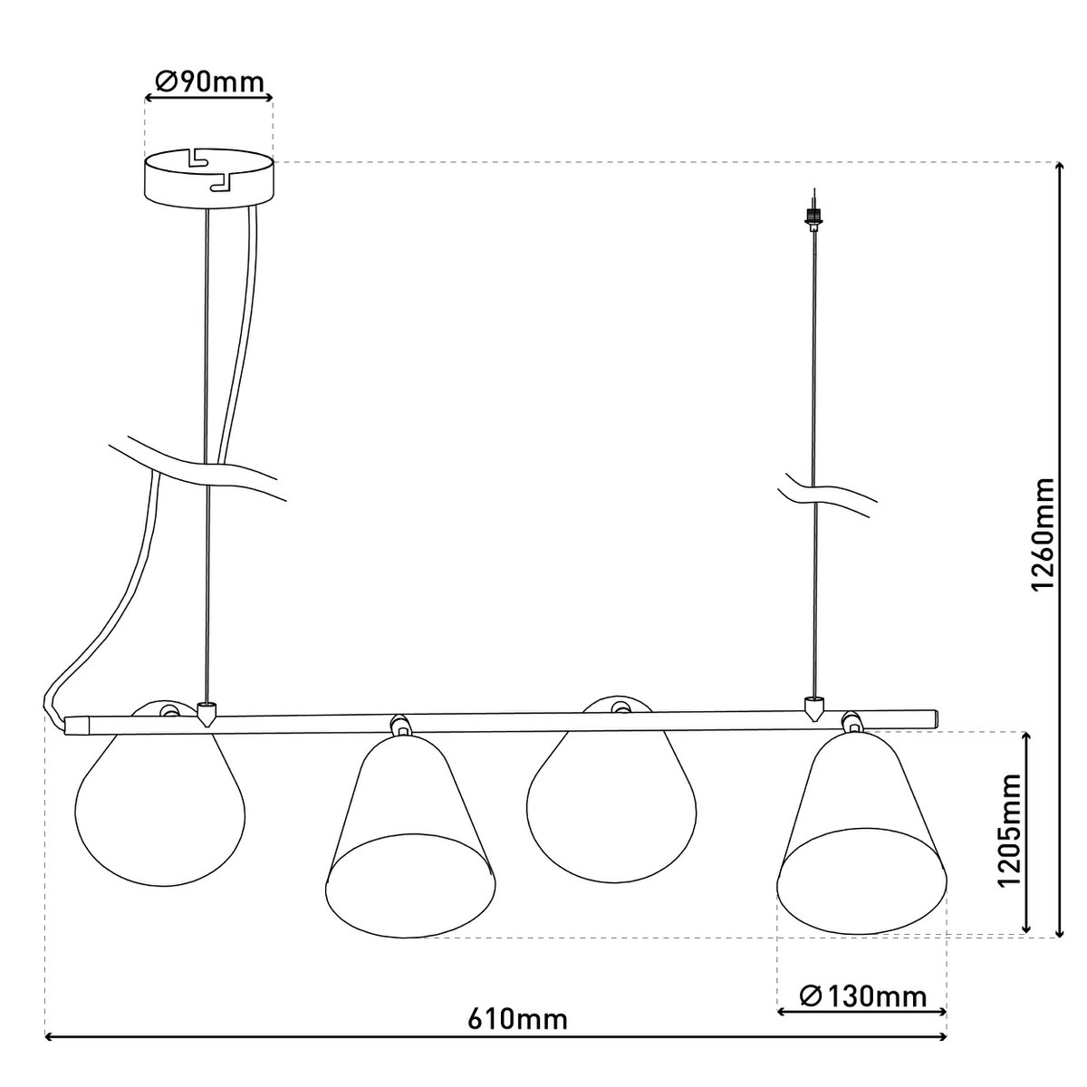 4-pending lamp "Triton" gemaakt van zwart metaal in zwart, met E27-aansluiting, verlichting voor woonkamer, eetkamer of kantoor.