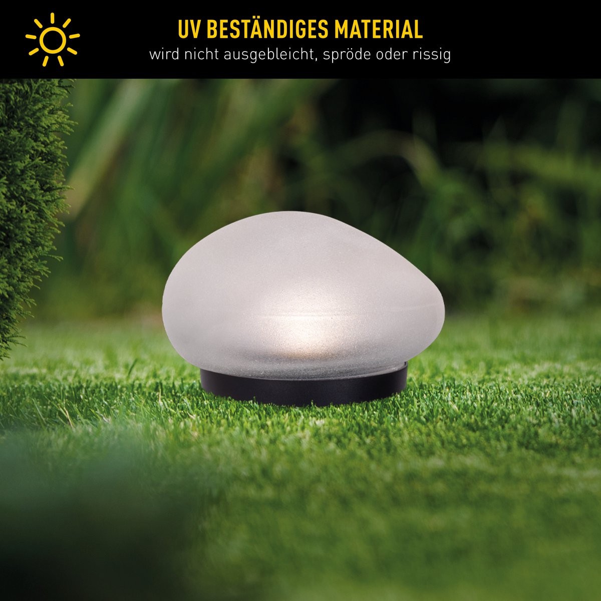 De spiesjes "Guri" 14 x 12 cm, 8,5 cm hoog, zwart plastic, zwaar, transparant glas, geïntegreerde LED's, warm wit