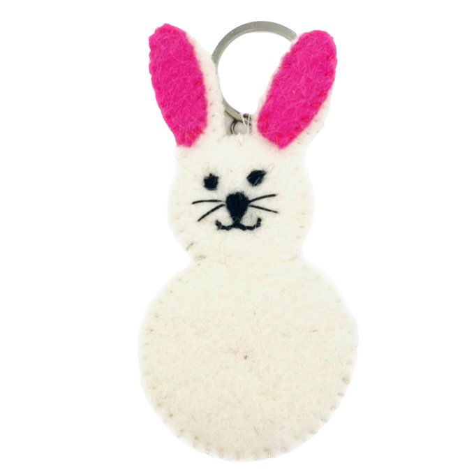 Luna -Leena Keychain Flat Rabbit / Bunny - Bag Charm - Off White & Pink - Wool Filt - Handmade in Nepal