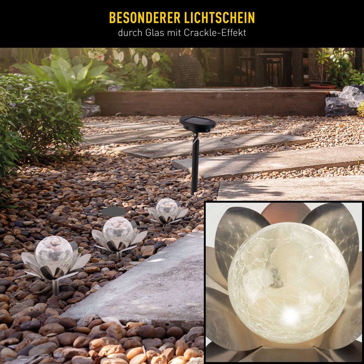 Solar-deco-earthspieß 3 set "lule" Ø ca. 10 cm, ca. 20 cm hoog, roestvrij staal, glas met een knettereffect