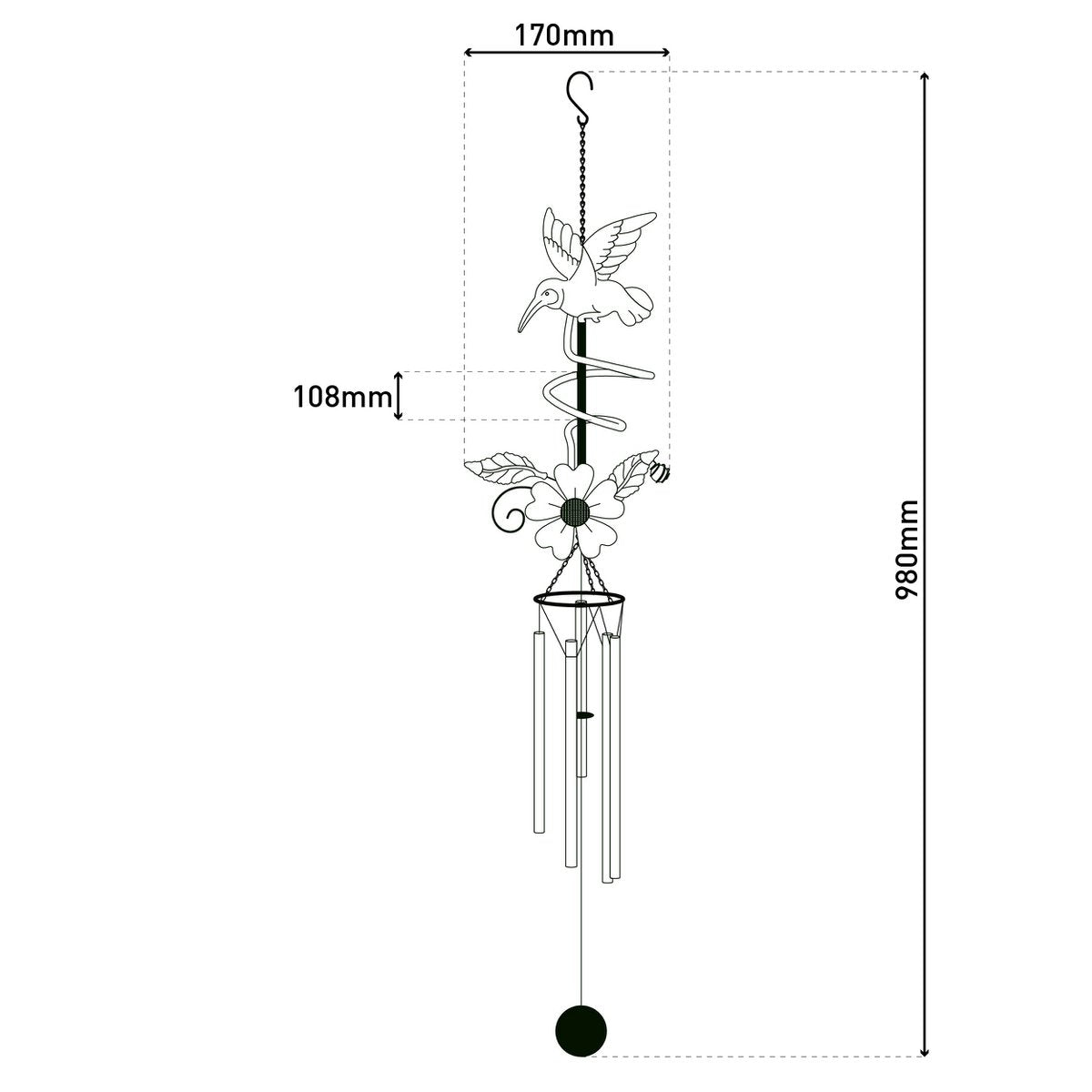 LED Solar Light / Wind Chime "Colibri", voor buiten, metaal en plastic, kleurrijk, met geïntegreerde LED