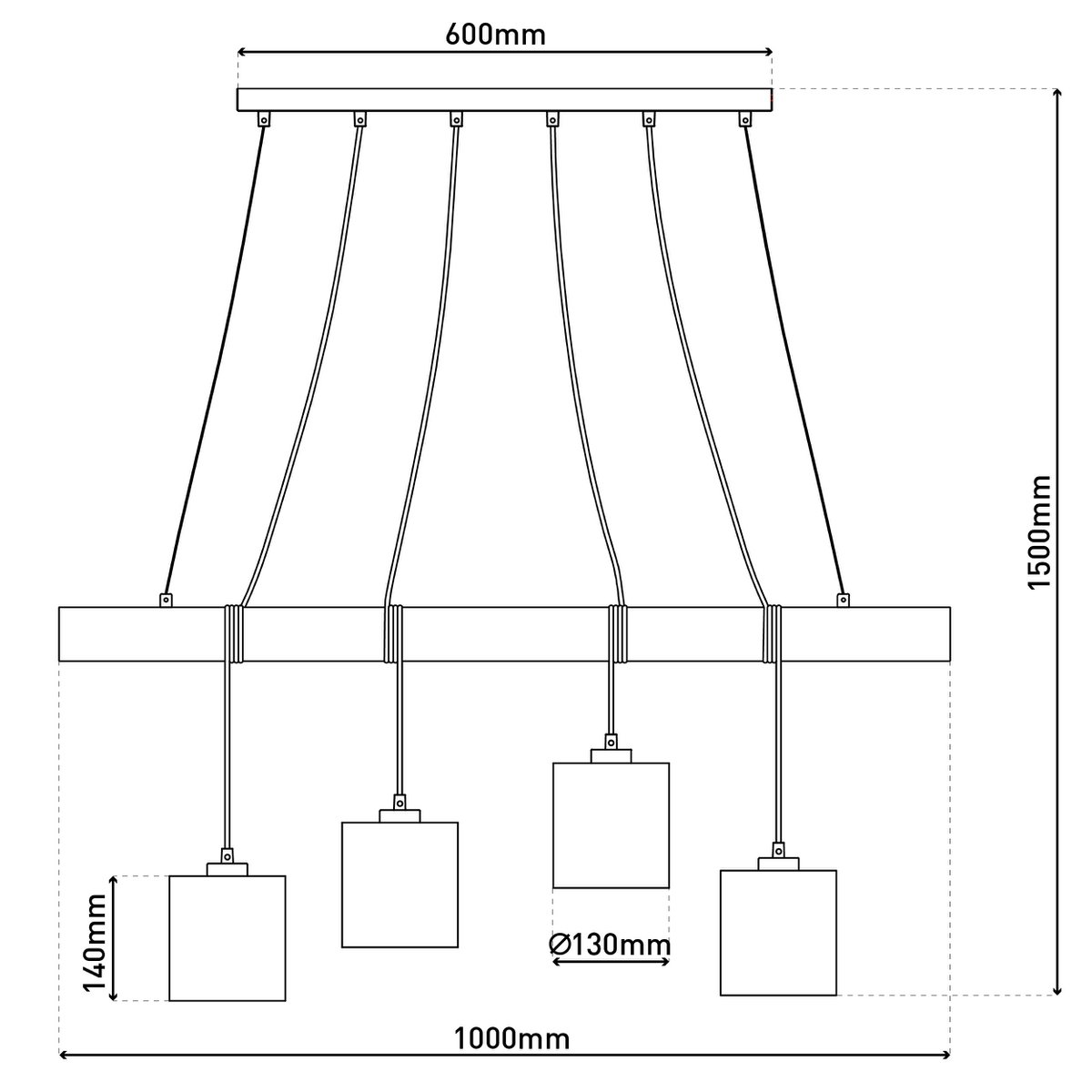 4 hanglamp "Malta" gemaakt van metaal en hout, met textielparaplu's in grijs en wit, E27 -aansluiting, verlichting voor woonkamer, kantoor of nachtkastje