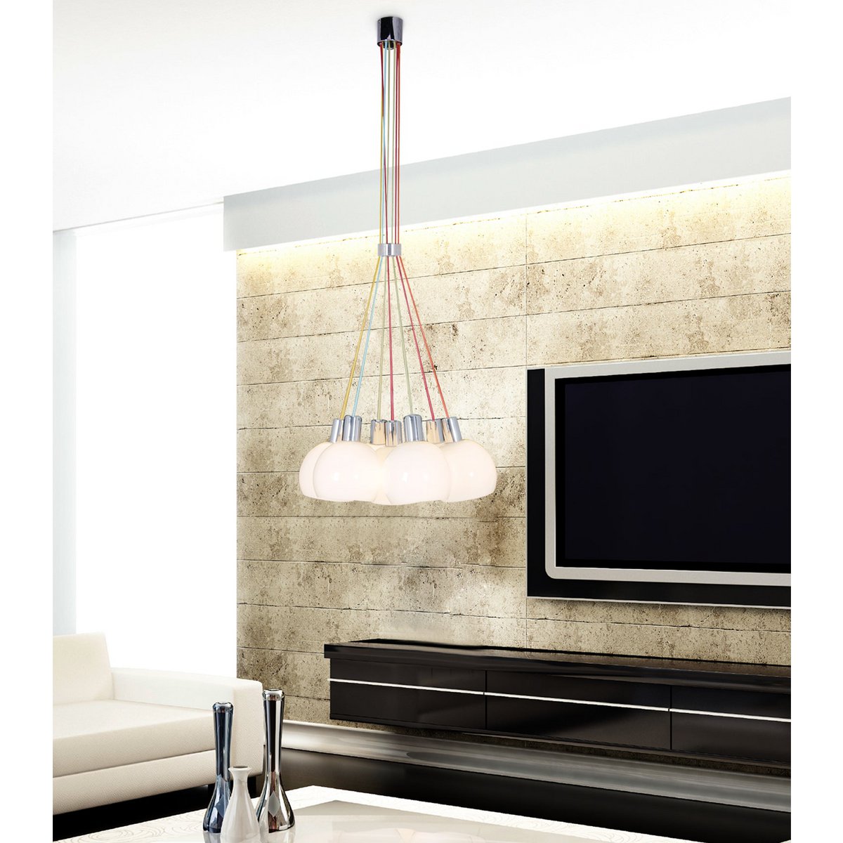 Hanglamp "regenboog-bowl" in totaal 120 cm hoog, 7 glazen schermen Ø 16 cm, gemaakt van chroomkleurig metaal, opaalwit glas en kleurrijke voeding, E14-versies
