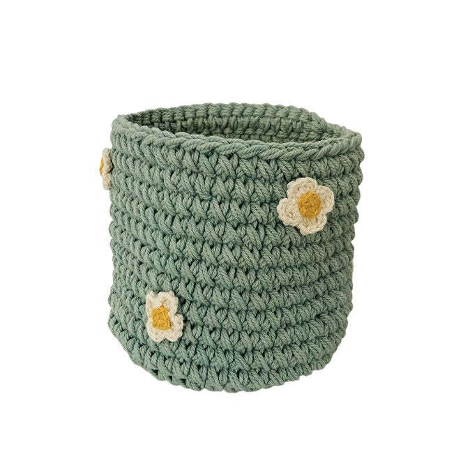 Luna -Leena Basket Sea Green met organische bloemen - H13x12øcm - Dikke katoen - Handhaak in Nepal
