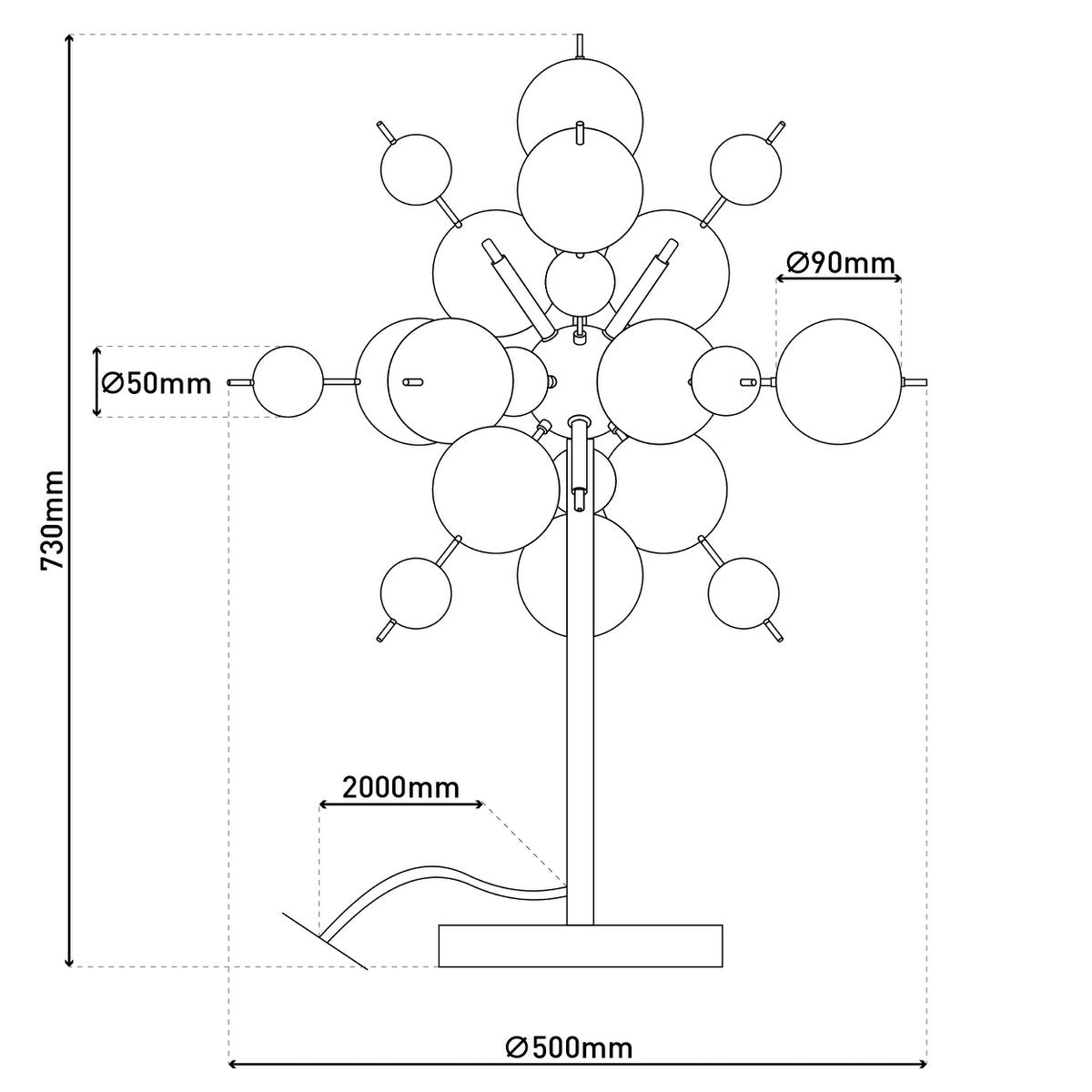 Tafellamp "explosie", tafellamp gemaakt van metaal en glas, chroom, G9, tafellamp 73 cm hoog