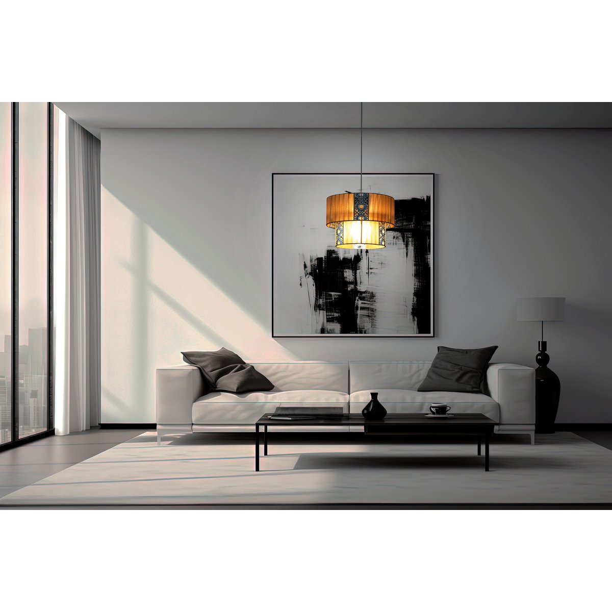 De "Pori" hanglamp tot 120 cm hoog, Ø 30 cm, gemaakt van metaal en polyester, kleur cappuccino, E27 -versie