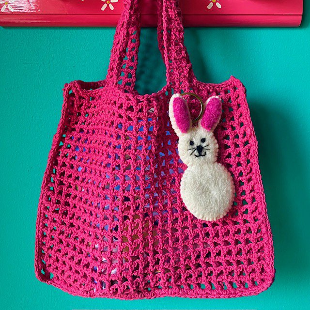 Luna -Leena Keychain Flat Rabbit / Bunny - Bag Charm - Off White & Pink - Wool Filt - Handmade in Nepal