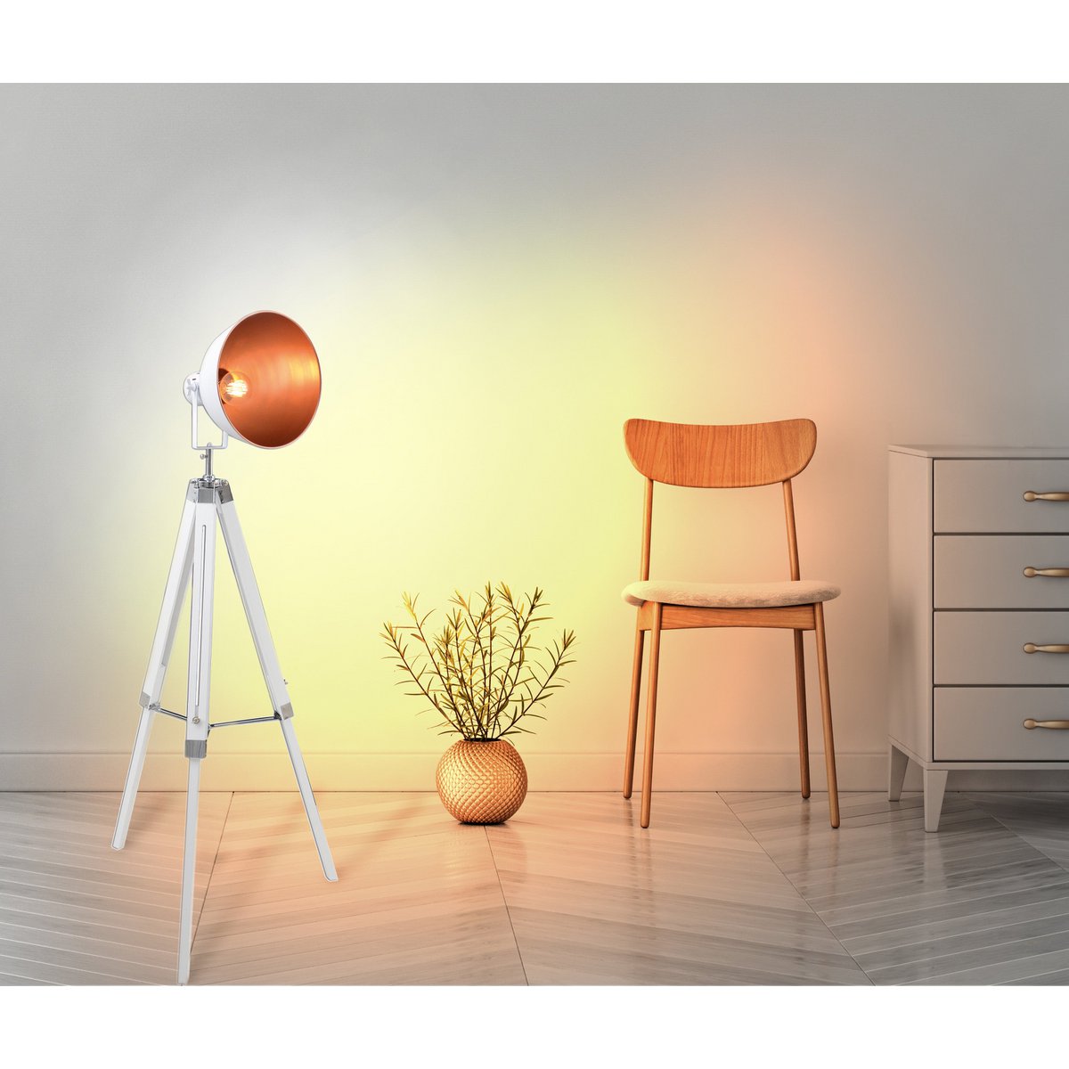 Staande lamp driekbende "" Christie "" gemaakt van metaal en wit geschilderd hol, e27, 90-130 cm hoog