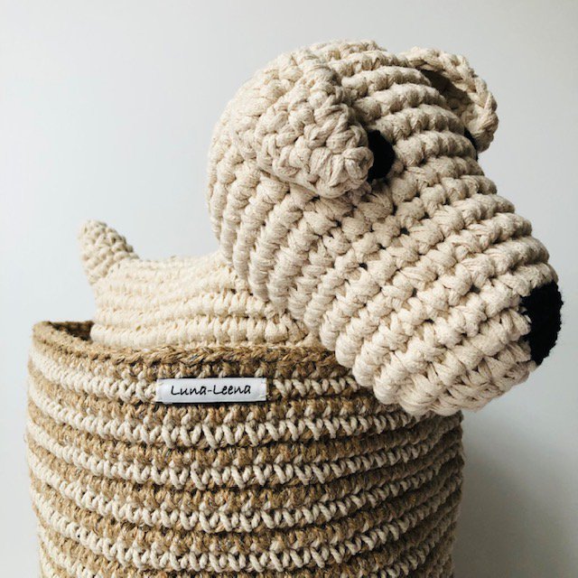 Luna -Leena Basket High met Off White Stripes - Jute & Cotton - H30cm - Hand Crochet in Nepal