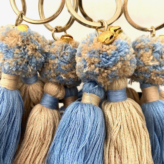 Luna -Leena Keychain Twin Tassels Blue/Sand - Bag Charm - Organic Cotton - Handmade in Nepal - Bag Hanger