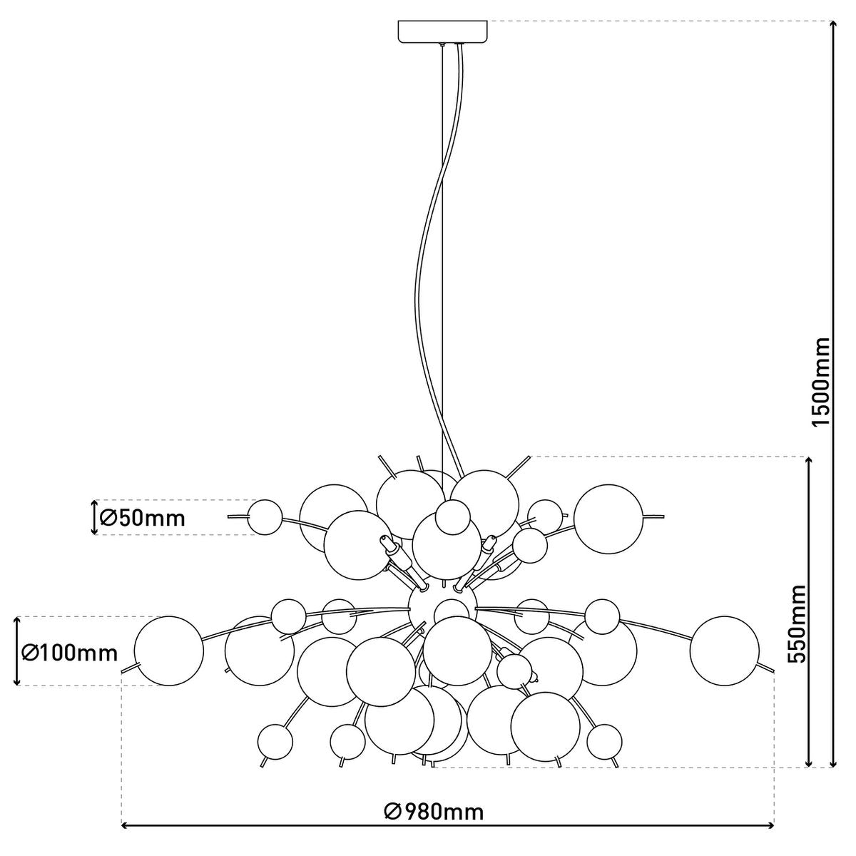 Hanger lamp "explosie" gekleurd gemaakt van metaal en glas, G9 -versies, hangende lamp voor eetkamer, woonkamer, hal of kantoor, Øca. 98 cm