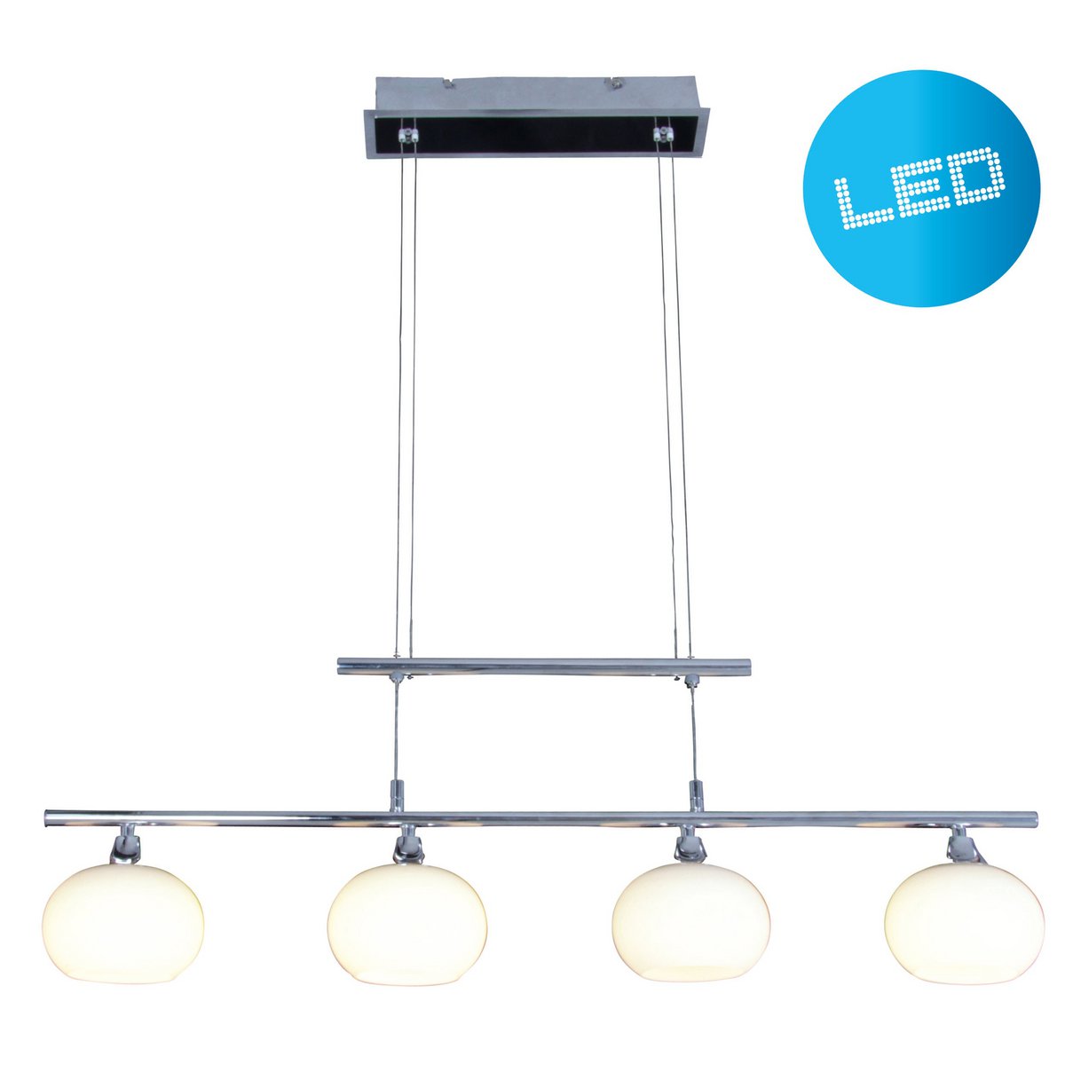 Hanger lamp, 4FLG. "Kemi", 82 cm breed, gemaakt van metaal- en opaalgekleurd glas.