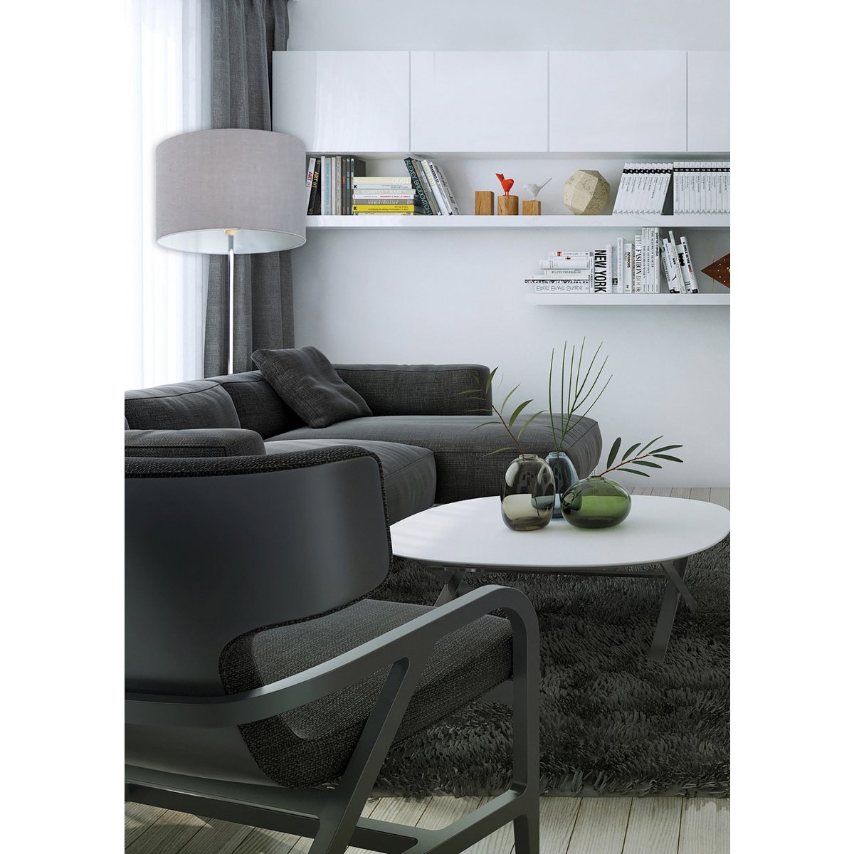 Staande lamp "New York", klassieke metalen vloerlamp met tekstblazer in grijs, met E27 -aansluiting, 160 cm hoog, perfect voor woonkamer, eetkamer, gang en kantoor