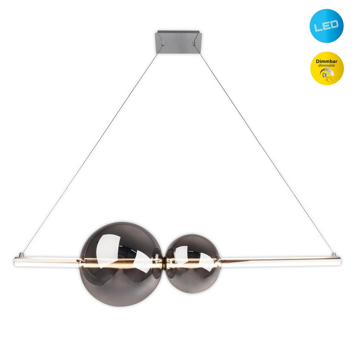 LED hanglamp Chrome "NOVA" gemaakt van chroom -gekleurd metaal, plastic en rookglas, met stevig ingebouwde LED's, ca.