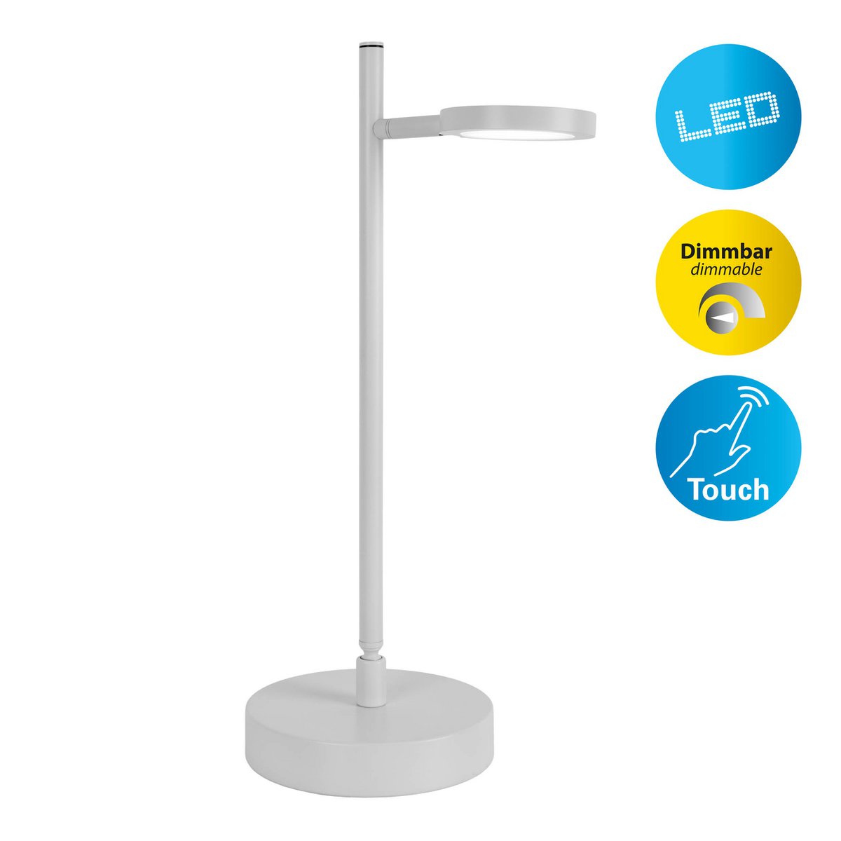 LED draadloze tafellicht "Lupa", 45 cm hoog, gemaakt van gelakte aluminium (wit) en wit plastic, LED geïntegreerde, dimbare, aanraaksensor.