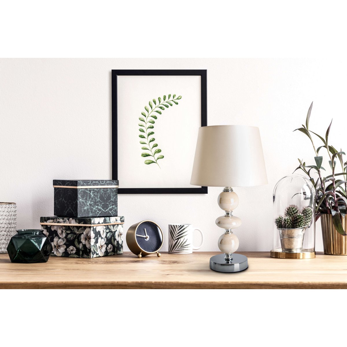 Keramische tafellamp "Araga" 36 cm hoog, tafellamp gemaakt van metaal, keramiek, met tekstbladen, beige, met E14 -aansluiting, verlichting voor eetkamer, woonkamer, gang of kantoor