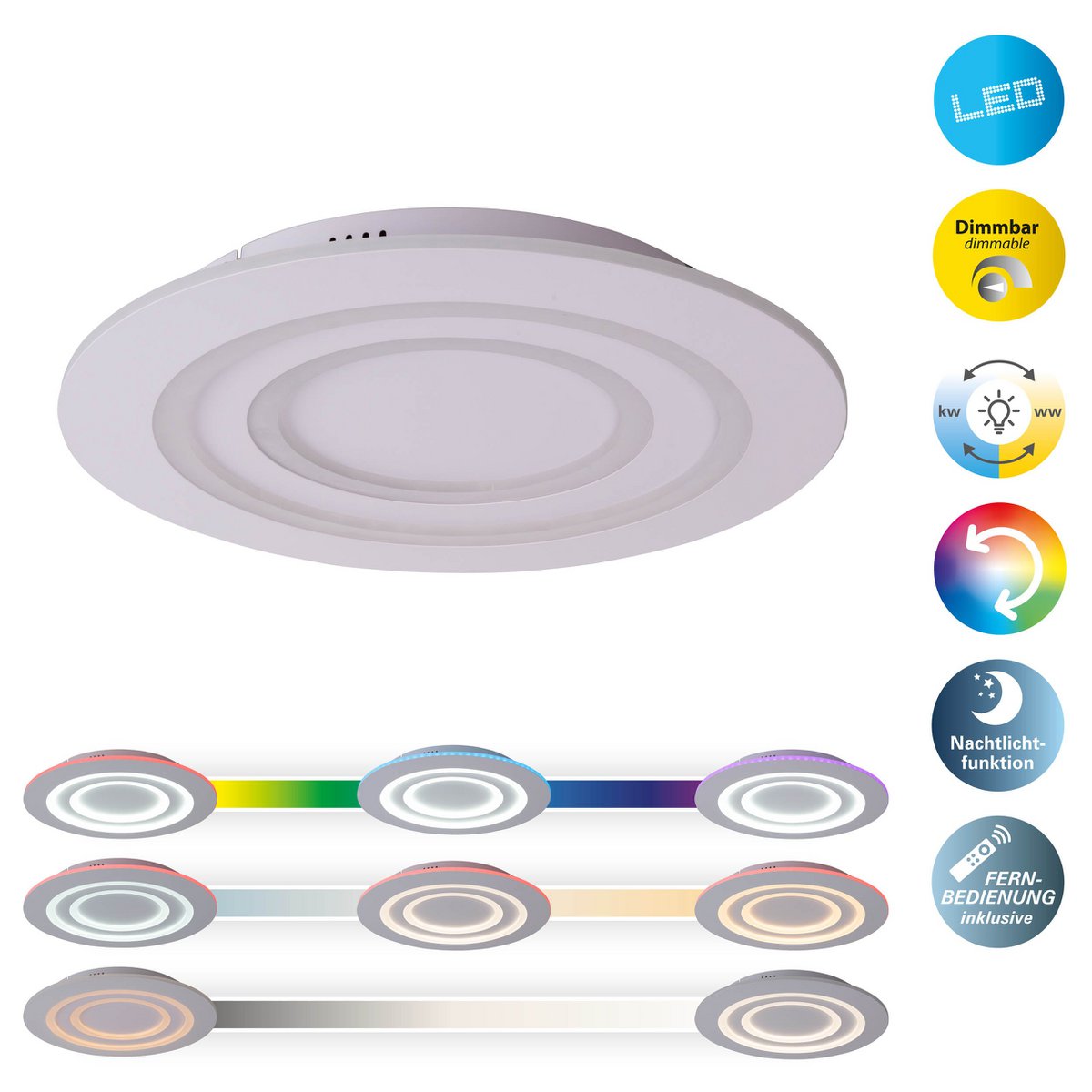 LED-plafondlicht "mirel" Ø 50 cm, 6 cm hoog, metaal en plastic in wit, geïntegreerde LED's, 2400 lm, dimmable, CCT-functie 3000-6500 K, RGB kleurverandering