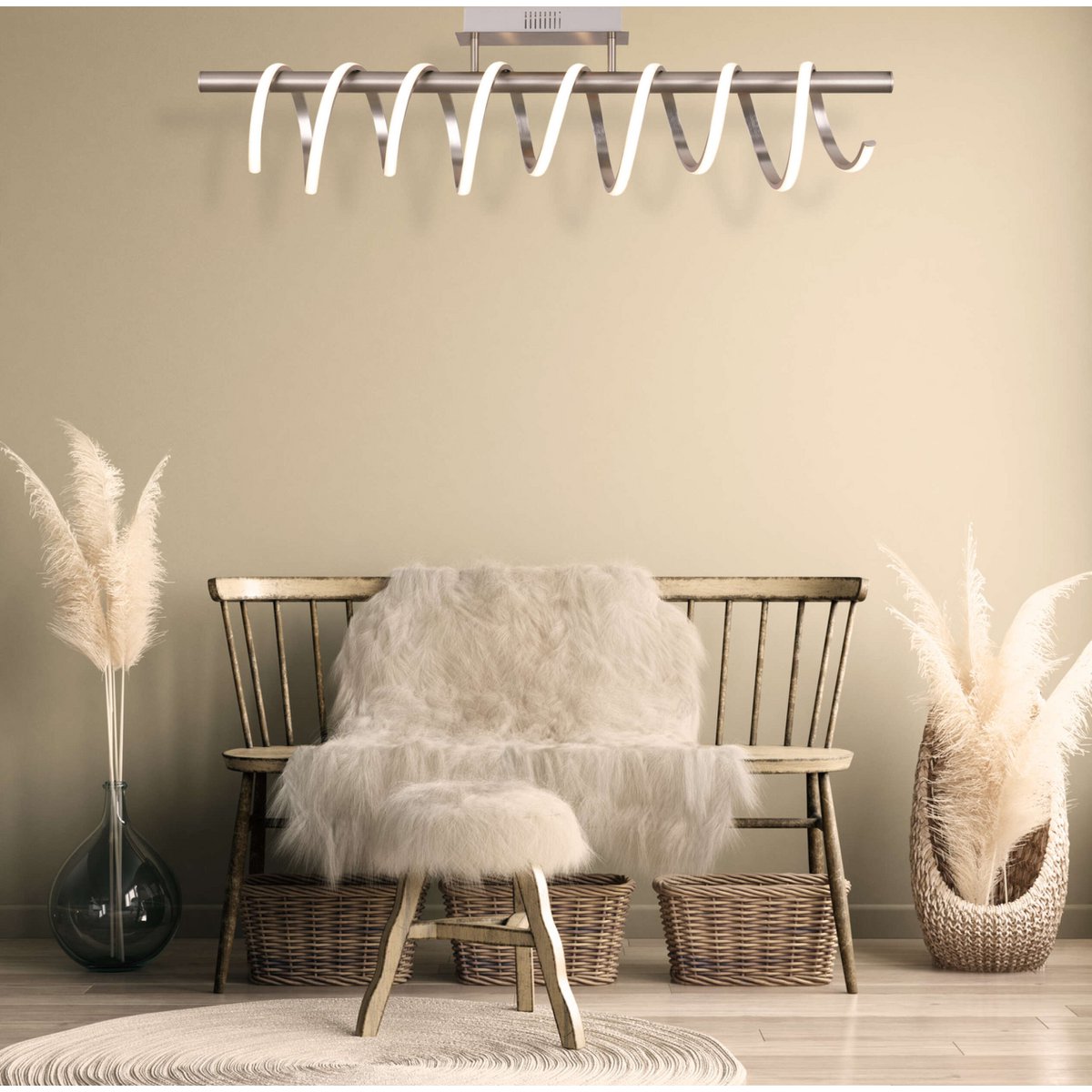 LED -plafondlamp "Belleza", moderne metalen plafondlamp en plastic in nikkel mat en wit, met stevig gebouwd -in LED's, 100 cm lang. De ideale verlichting voor woonkamer, eetkamer of keuken.