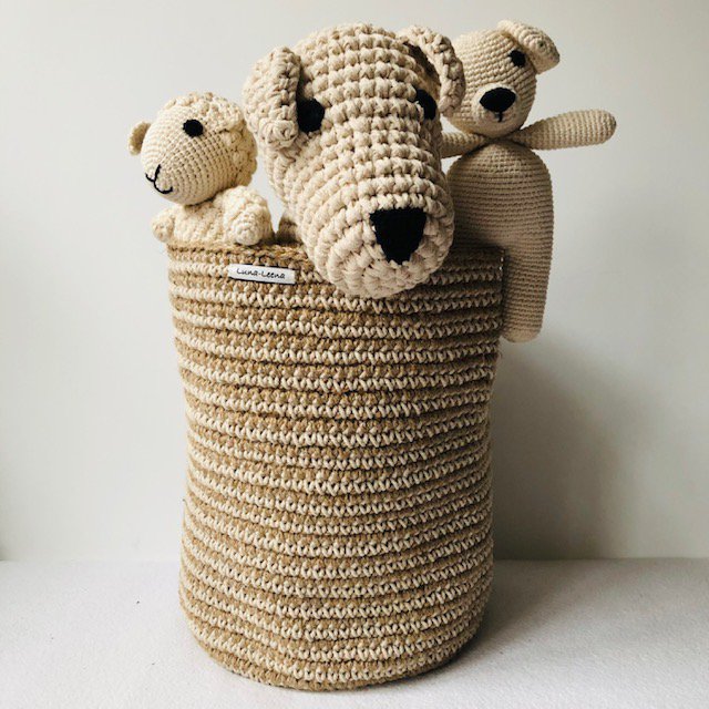 Luna -Leena Basket High met Off White Stripes - Jute & Cotton - H30cm - Hand Crochet in Nepal