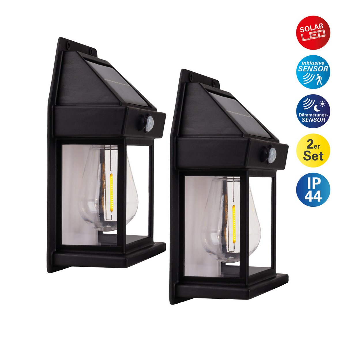 2 Set Solar Wall Lamp "Mira" ca. 17 cm hoog, gemaakt van zwart weerbestendig plastic, geïntegreerde LED in warm wit, inclusief bewegingsdetector en schemeringsensor