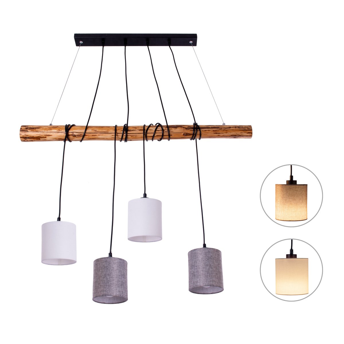4 hanglamp "Malta" gemaakt van metaal en hout, met textielparaplu's in grijs en wit, E27 -aansluiting, verlichting voor woonkamer, kantoor of nachtkastje