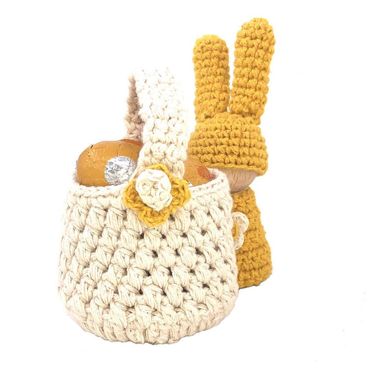 Luna-Leena 2x mini manden met handvat gebroken wit - 6x6cm + handvat - biologisch katoen - handgehaakt in Nepal