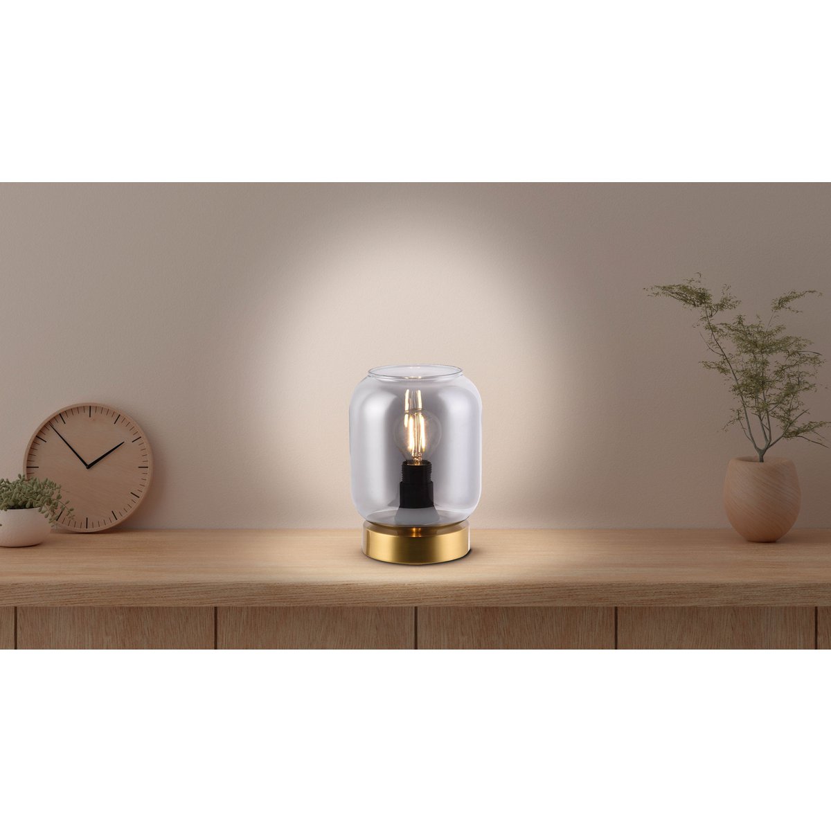 Glazen tafellicht "Alessio", 17 cm hoog, Ø 12 cm, goudkleurig metaal, rookglas, E14