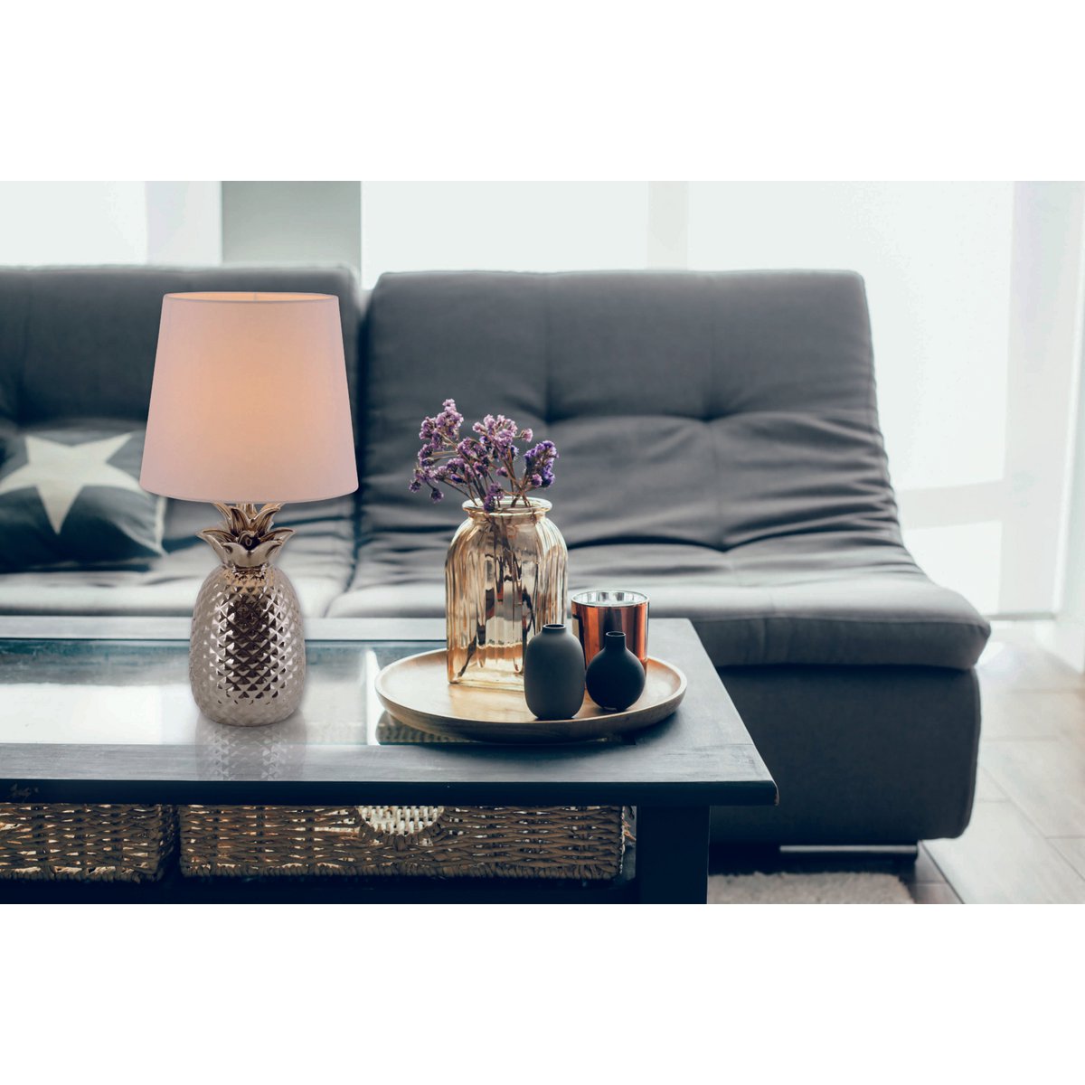 Keramische tafellamp "ananas", keramische tafellamp met chroomkleurig glazuur en wit stofscherm, met E14-aansluiting, voor eetkamer, woonkamer, gang of kantoor, 45 cm hoog