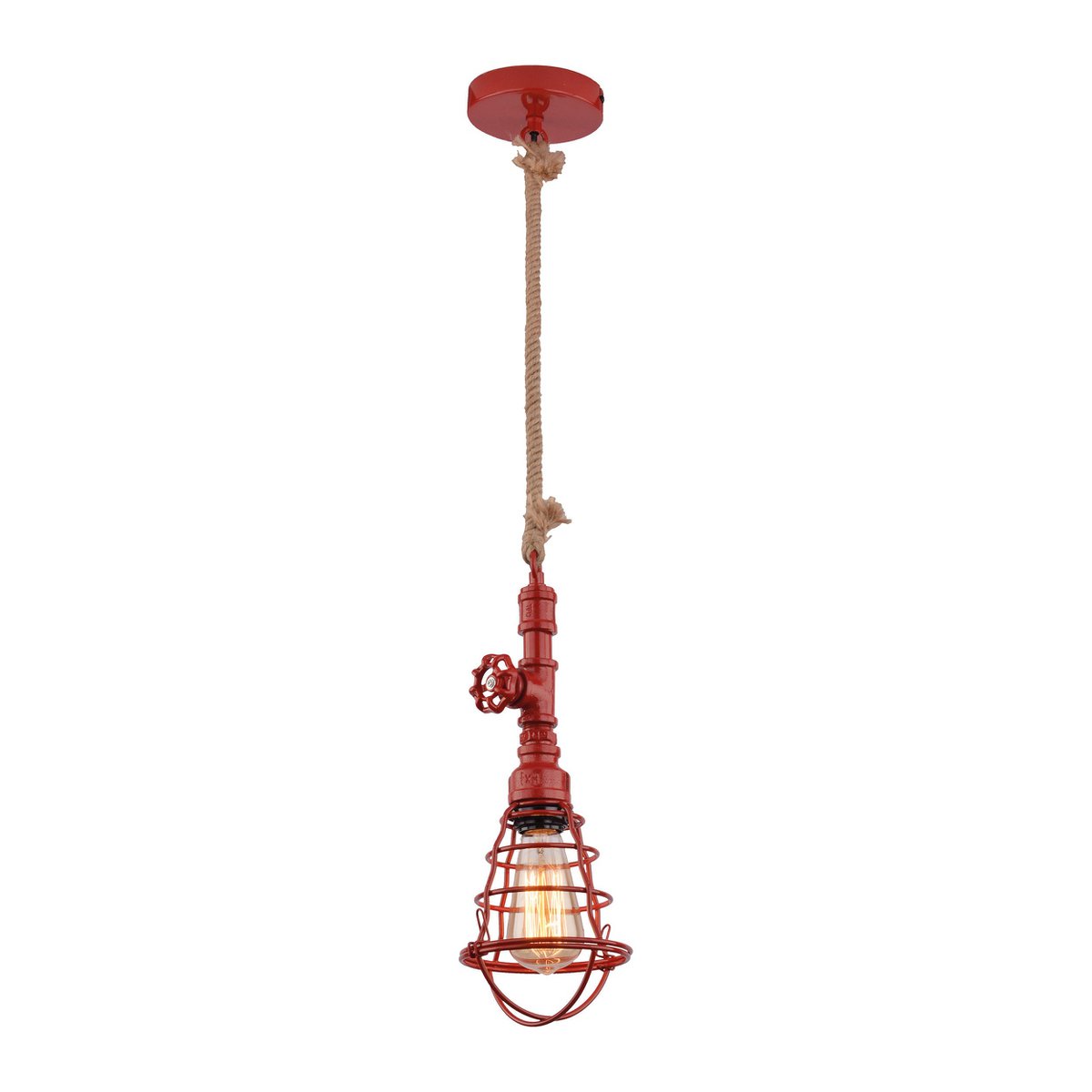 Hanger lamp "regia", rood metaal, henneptouw, E27 -versie, verlichting voor woonkamer, jeugdruimte of kantoor