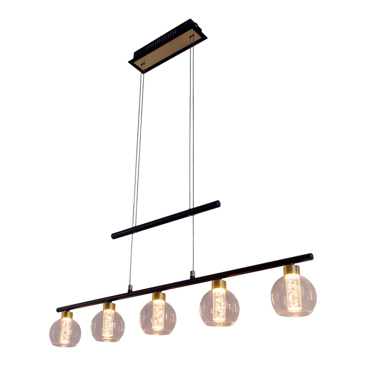 LED-glazen hanglamp "messing" zwart, klassiek, hangende lamp gemaakt van zwart metaal en glas, met stevig ingebouwde LED's, verlichting voor woonkamer, eetkamer of kantoor, 90 cm lang
