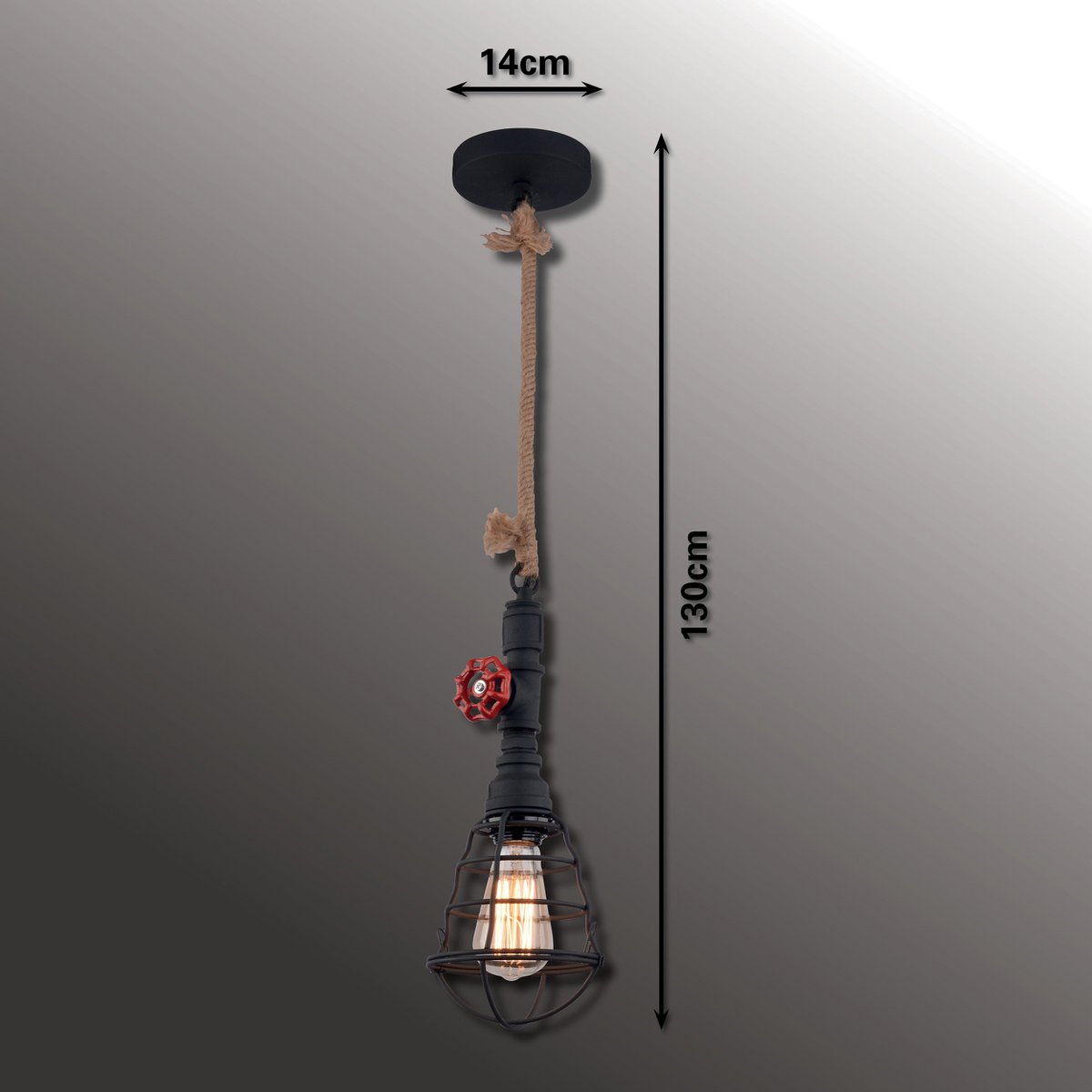 Hanger lamp "regia", black metal, henneptouw, E27 -versie, verlichting voor woonkamer, jeugdruimte of kantoor