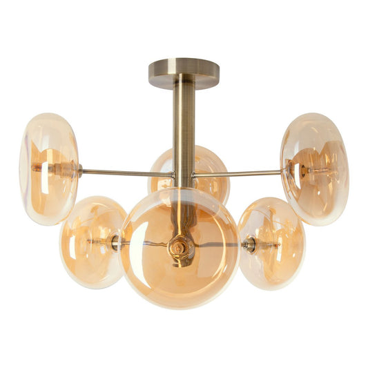 Plafondlamp "Orion" Ø ongeveer 53 cm barnsteen, gemaakt van messing gekleurd metaal en glas in barnsteen, G9-basis, verlichting voor woonkamer, eetkamer of kantoor.
