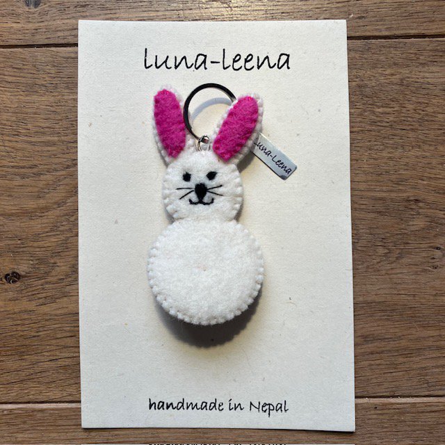 Luna -Leena Keychain Flat Rabbit / Bunny - Bag Charm - Off White & Pink - Wool Filt - Handmade in Nepal