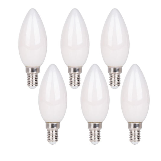 6 Set LED -lamp met E14 -aansluiting, kaarsenvorm 4 watt, gemaakt van metaal en glas, melkachtig