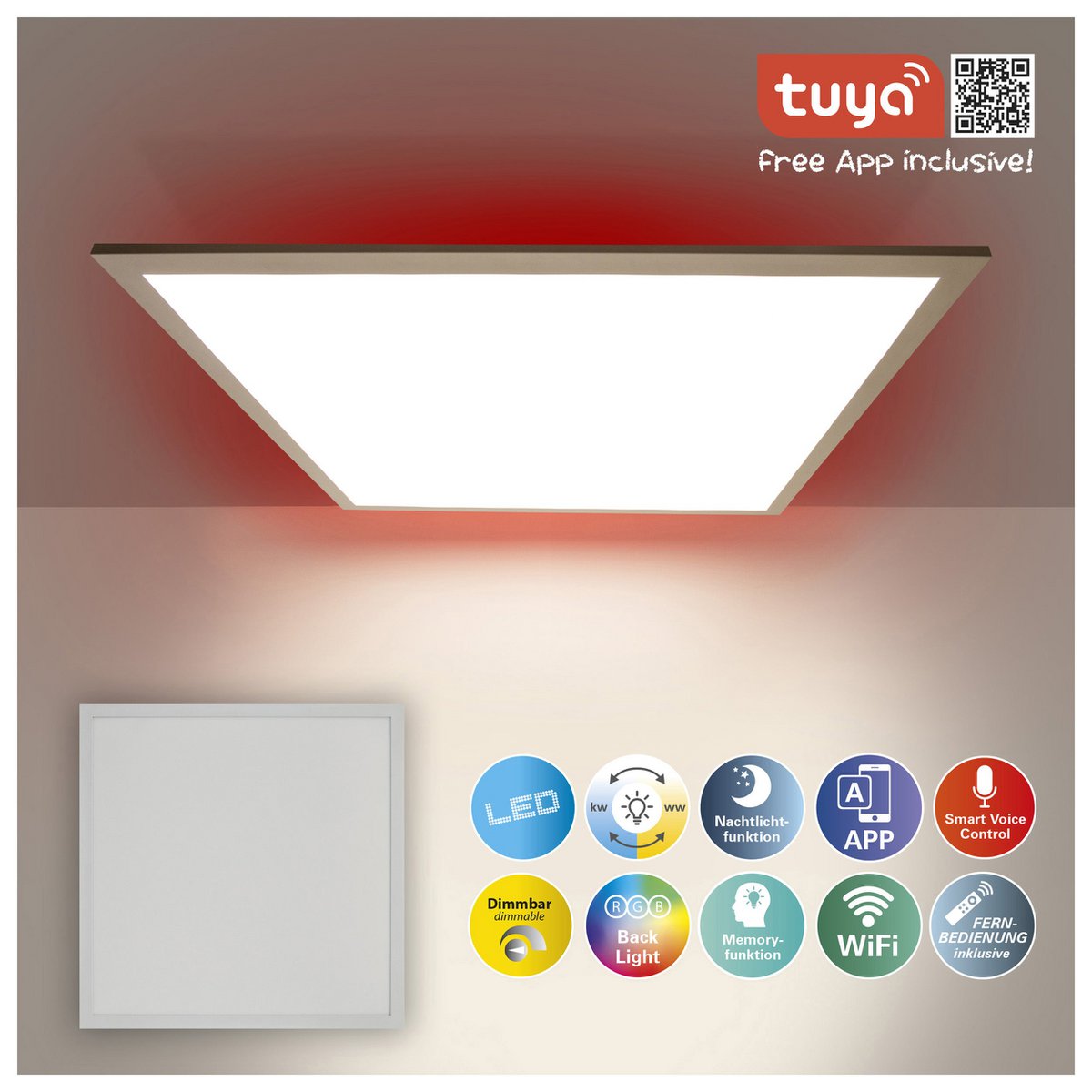 Smart Home LED -achtergrondverlichting Paneel zijlengte 45 cm, veel functies, transportlamp gemaakt van metaal en plastic, geïntegreerde LED's