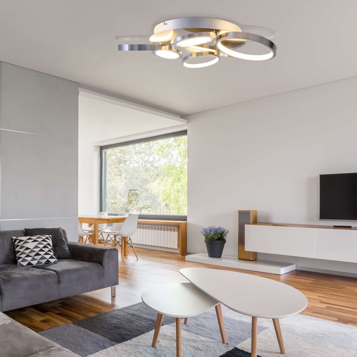 LED-plafondlicht "Stelari" Ø 56 cm, gemaakt van metaal in stalen blank en wit plastic, met stevig ingebouwde LED's, plafondlamp voor woonkamers of kantoor