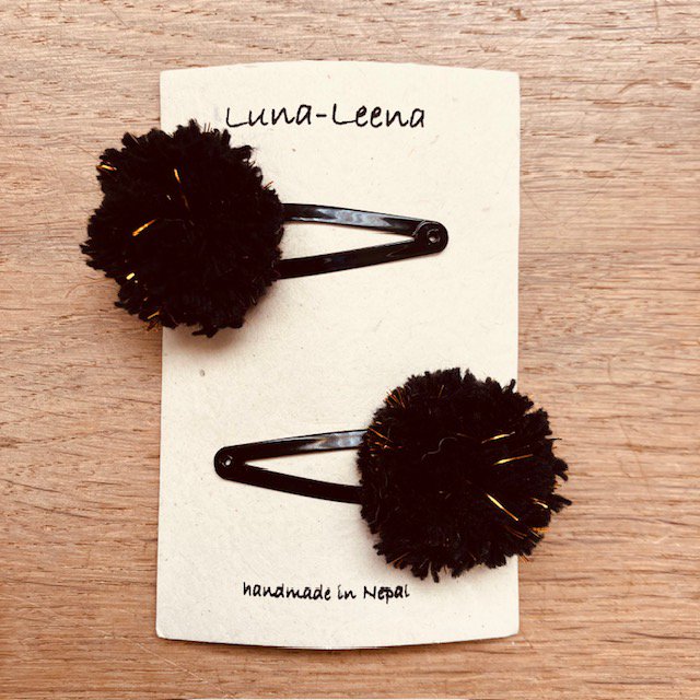 Luna -Leena Hair Clips POM POM 2X - Zwart en Gold Flakes - Soft Wol - Handmade in Nepal