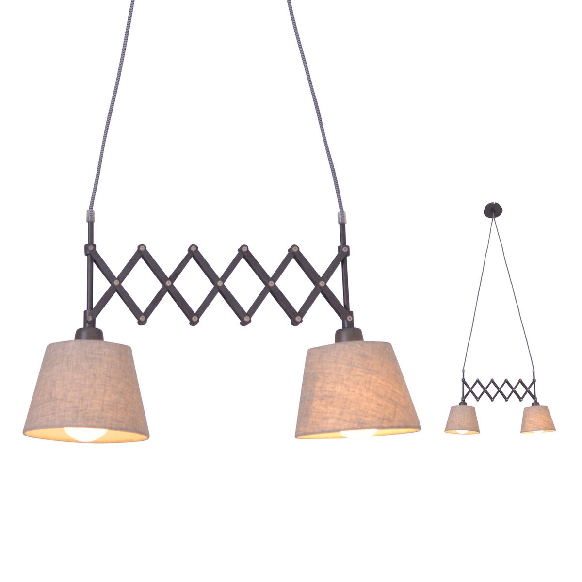 Schaar hanglamp "Adrianne", breedte uit te strekken van 35-57 cm, gemaakt van bruin metaal met natuurlijk gekleurde textiel parasols, E27-versies, verlichting voor woonkamer, eetkamer of kantoor