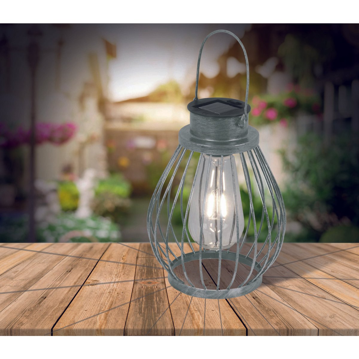 LED Decoratief zonnelampje 21,5 cm hoog, voor buiten, gemaakt van metaal, glas en plastic, zilver, met stevig ingebouwd