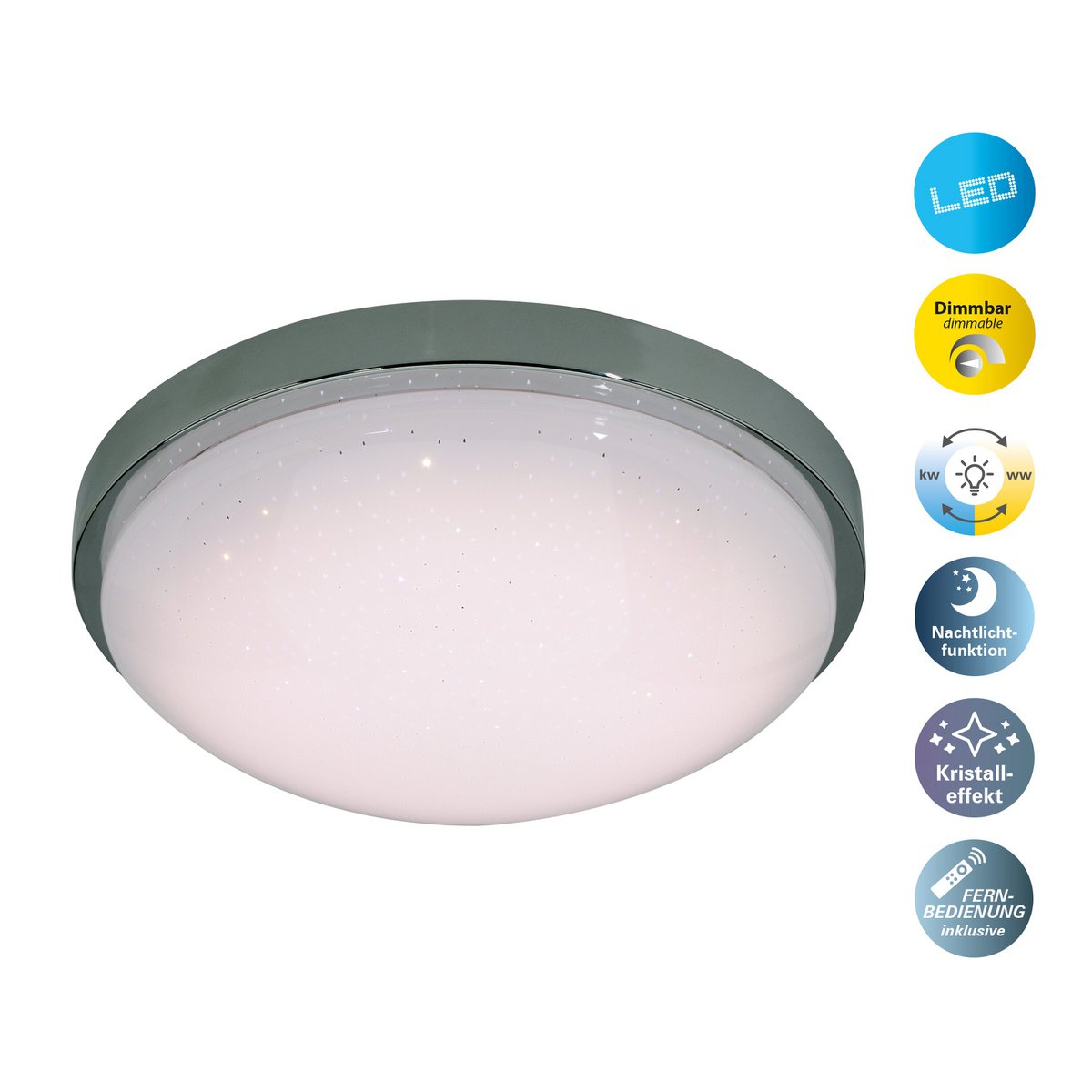 LED -wand- en plafondlamp "Catania" Ø 29 cm, chroom -gekleurd metaal, wit plastic (PMMA), dimbaar, kristaleffect, geheugeneffect, nachtlicht