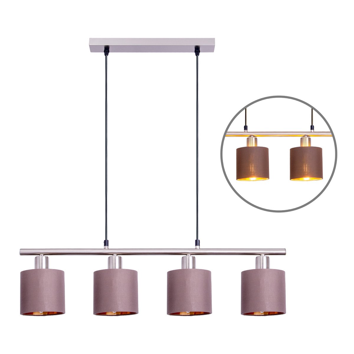 4 hanger lamp "maron" gemaakt van metalen satine-meter met stof paraplu's in bruin, met E14-aansluiting, lamp voor woonkamer of eetkamer, 71,5 x 12 cm