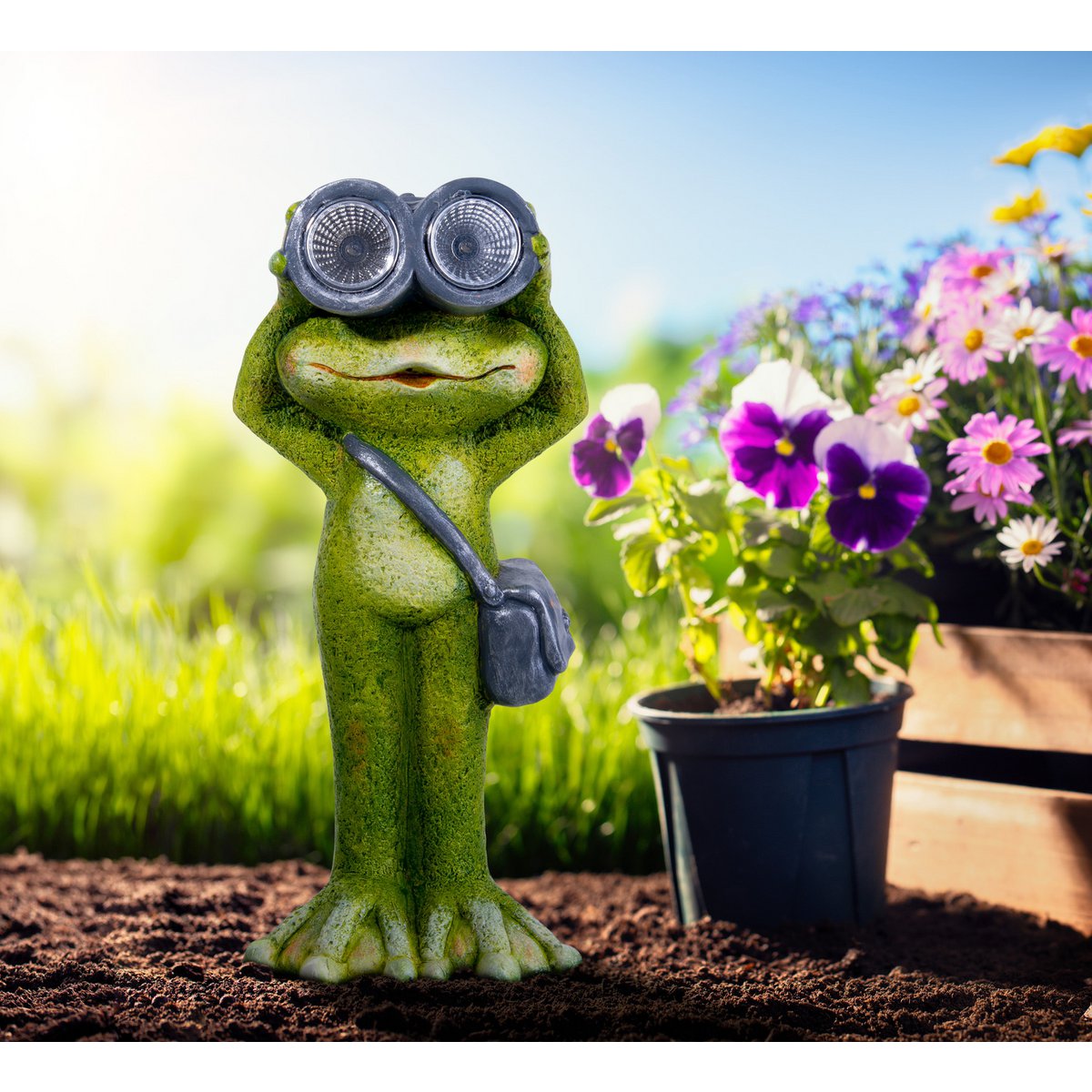 LED Solar Light "Frog" staande voor terras en tuin, gemaakt van groen keramiek, met stevig ingebouwde LED's, decoratielamp voor 30 cm hoog