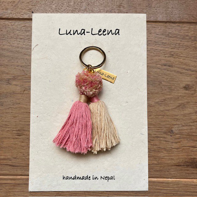Luna -Leena Keychain Twin Tassels - Bag Charm - Oud roze/zand - Organisch katoen - handgemaakt in Nepal - Bag Hanger