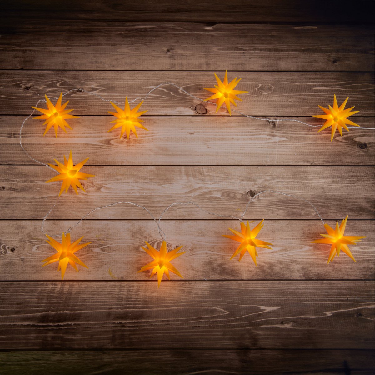 LED -lichte keten "3D -sterren" gemaakt van plastic in geel, met stevig geïnstalleerde LED's, kerstdecoraties voor buiten