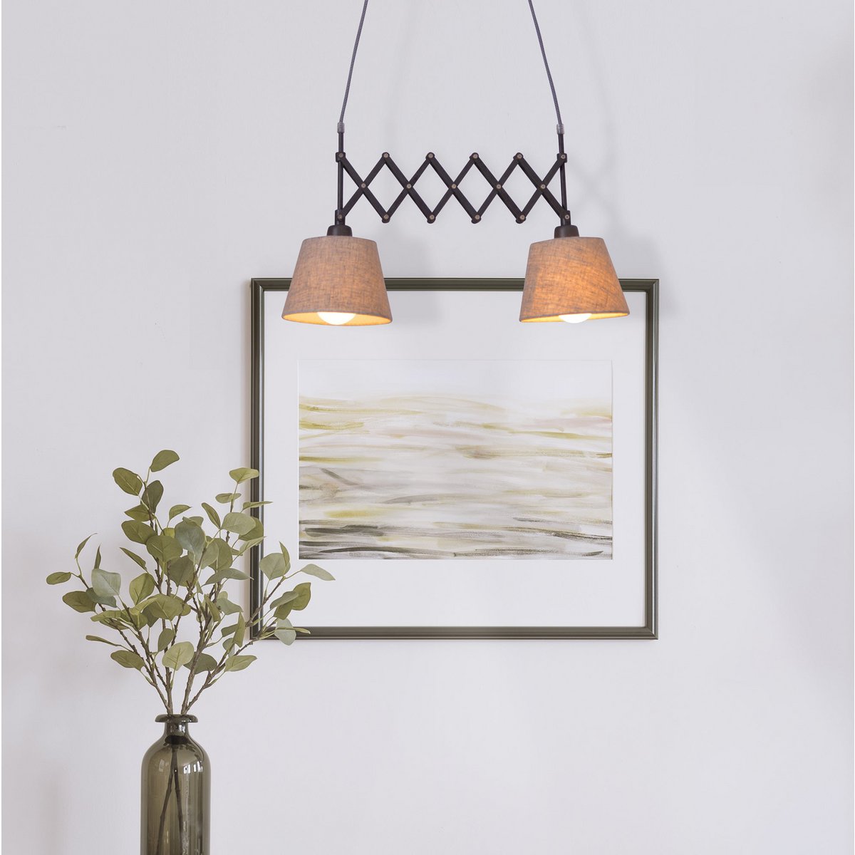 Schaar hanglamp "Adrianne", breedte uit te strekken van 35-57 cm, gemaakt van bruin metaal met natuurlijk gekleurde textiel parasols, E27-versies, verlichting voor woonkamer, eetkamer of kantoor